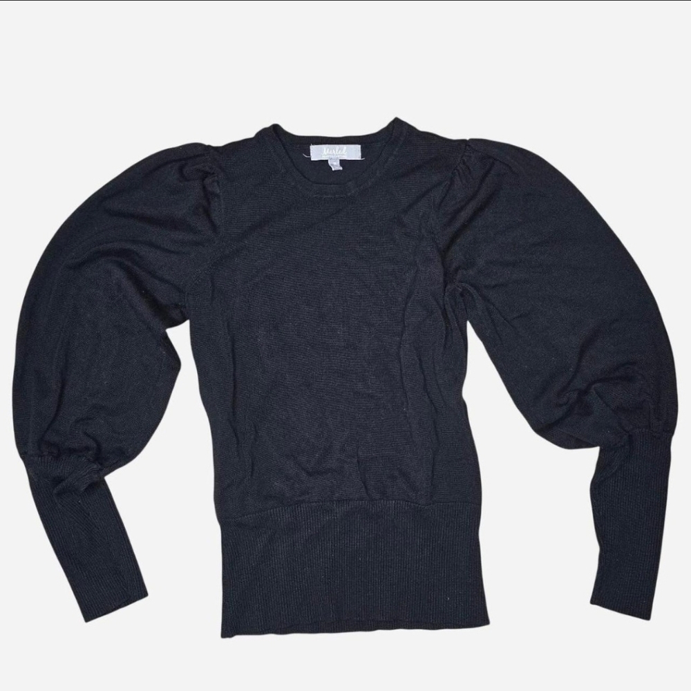 Black Puff Sleeve Sweater Balloon Sleeve Fitted Knit Top Minimalist Trendy M